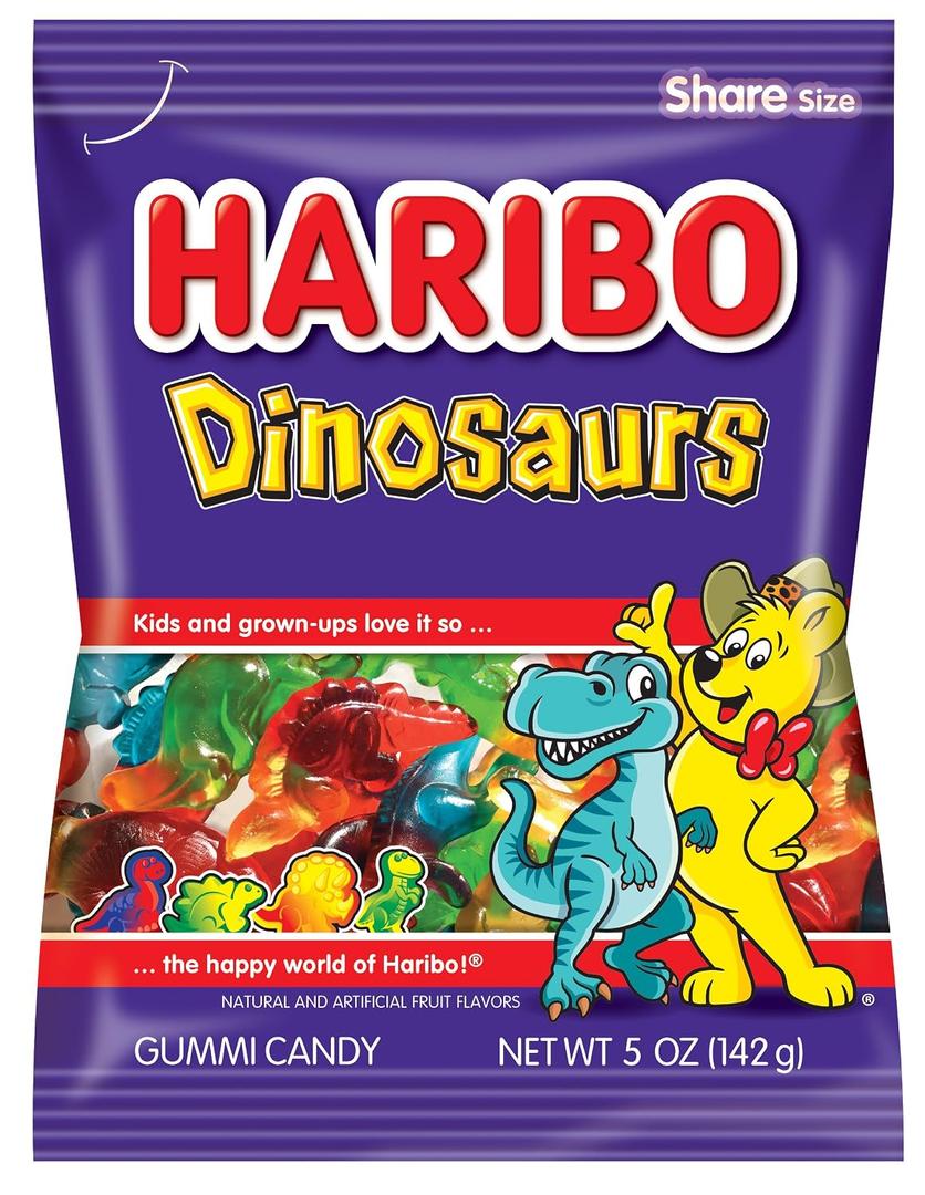 HARIBO Gummi Candy, Dinosaurs Gummy Candy, 5 Ounce Share Size Bags (Pack of 12) Delicious Soft & Chewy Sweet Snacks, Assorted Fruity Flavors (EXP 04/30/27)