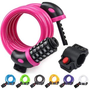 NDakter Bike Lock, 4/5.6 Feet Bicycle Cable, High Security 5 Digit Resettable Combination Coiling Bicycle Lock, Heavy Duty Anti Theft Cable with Mounting Bracket, 1/2 Inch Diameter (12mm) (Pink)