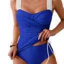 B2prity Women's High Waisted Tankini Swimsuit Tummy Control Bathing Suit (Blue, L)