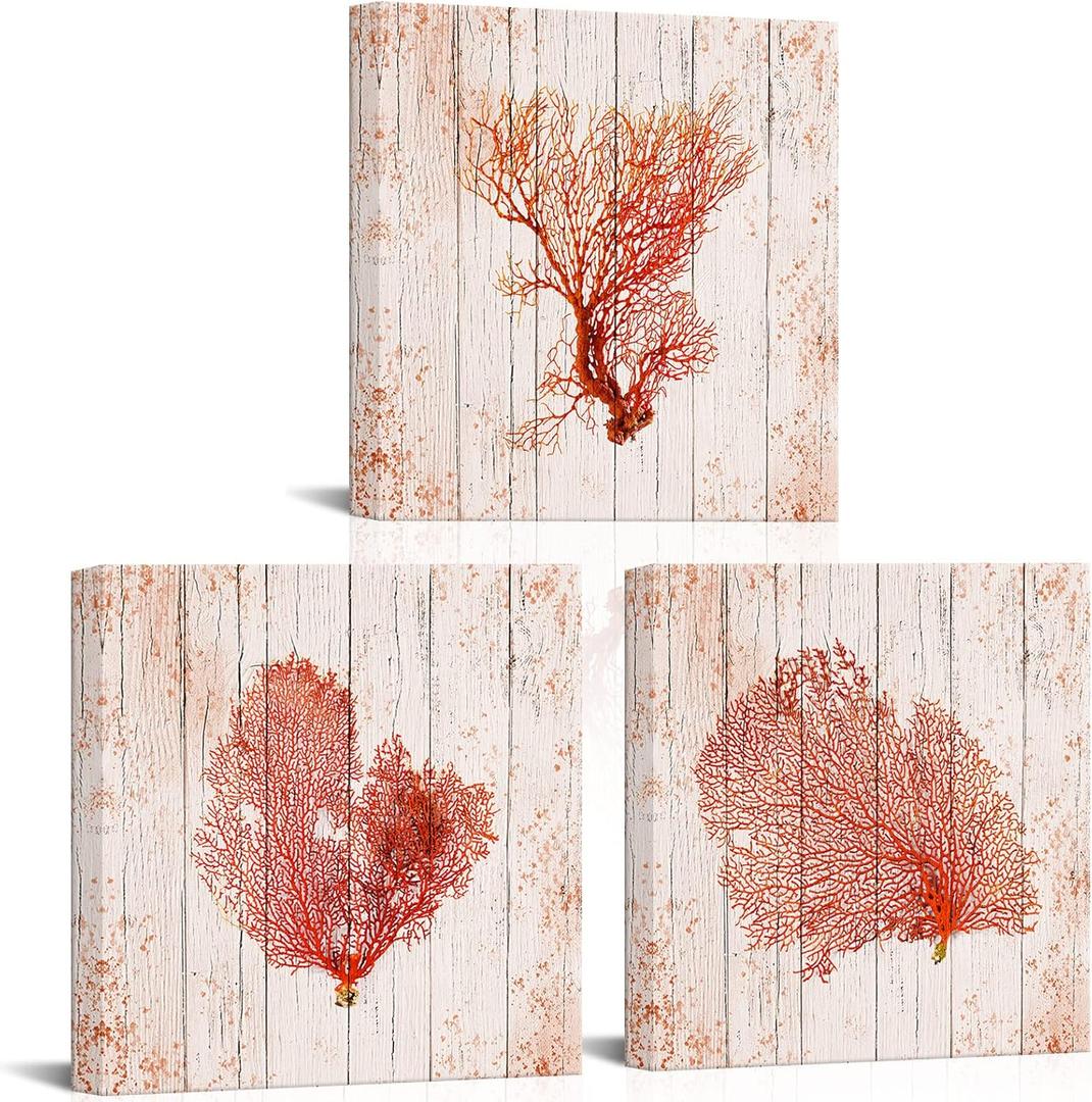 OuElegent Coral Canvas Wall Art Pink Paintings Modern Coastal Ocean Life Artwork for Living Room Bedroom Bathroom Decoration 3 Pieces Framed Wall Decor 16"x16"x3 Pcs (pink, medium)