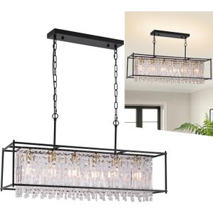 Crystal Chandeliers for Dining Room, Modern Black Chandelier for Living Room, Adjustable Height, 6-Light Pendant Light Fixture, 42 in Large Rectangle Lighting for Kitchen Island Living Room