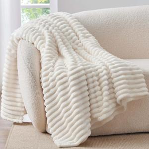 BEDELITE Fleece Throw Blanket for Couch - 300GSM Soft & Warm Fluffy Cream Blanket, Decorative and Giftable Striped Blankets for Women, Men, 50"x70" (Throw XL(50"x70"))