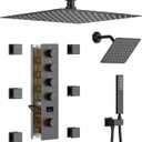 Matte Black Shower System Digital Tempreature Display Thermostatic Shower Faucet Set with 12 inch Ceiling Mount and 8 inch Wall Mount Shower Head, with 6 PCS Body Jet and Handheld Spray