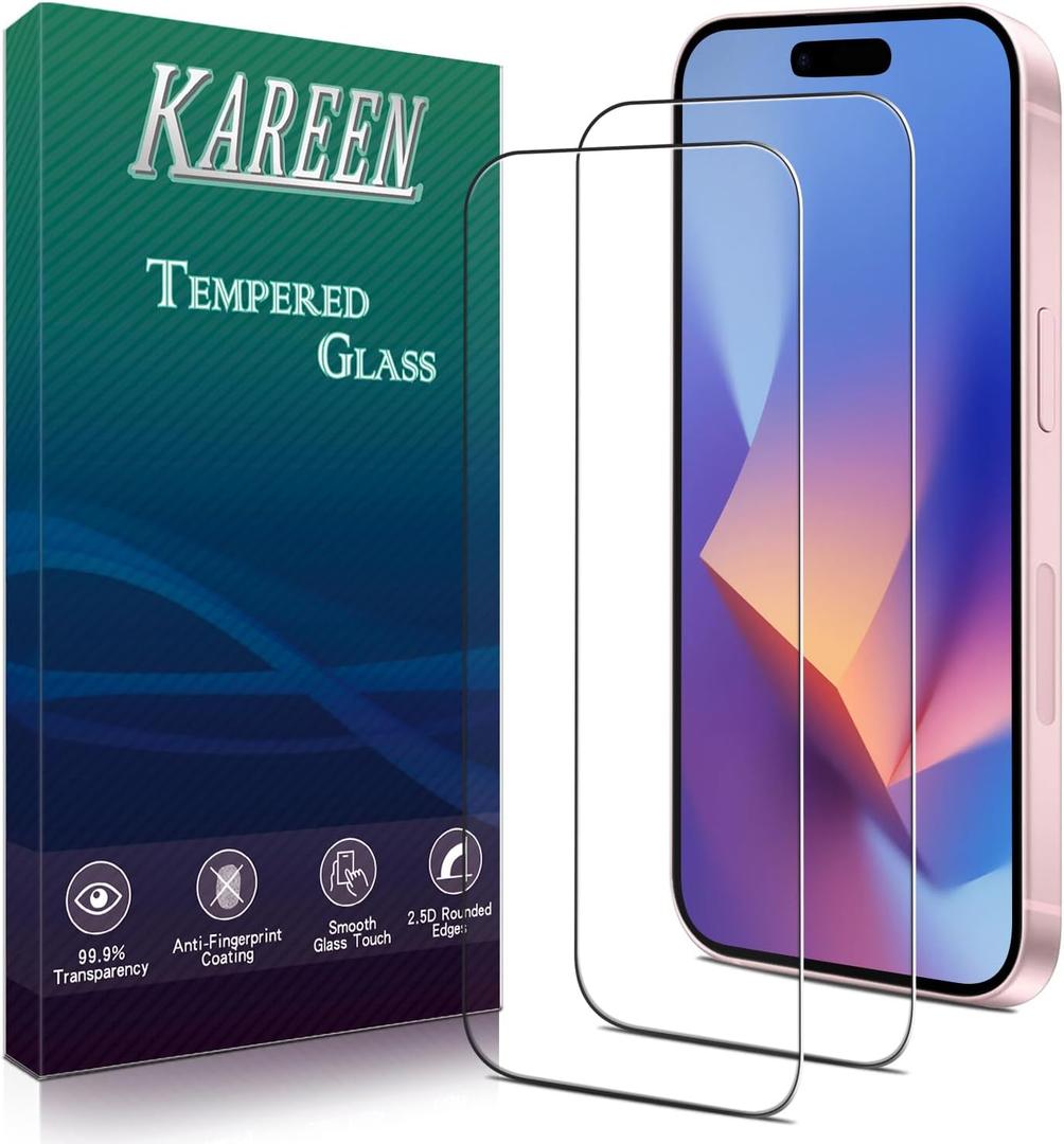 KAREEN 2 Pack Screen Protector for iPhone 16 [6.1-Inch] Tempered Glass Film, Easy to Install, 9H Hardness, Anti Scratch, Bubble Free, Case Friendly (Clear)