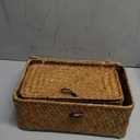 Set of 2 Wicker Basket with Lid, Seagrass Woven Basket for Storage, Decorative Storage Baskets Bins for Organizing Home (10.23" x 6.3" x 4.13"+ 9.05" x 5.11" x 3.34", Natural)