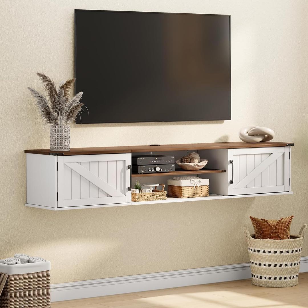 Floating TV Stand with Doors, 63'' Farmhouse Floating TV Shelf for TVs up to 80 Inch, 2 Tier Wall Mounted TV Stand, Floating Entertainment Center, TV Floating Cabinet for Living Room, Bedroom, White, 63in