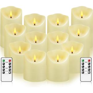 kakoya Flameless LED Candles Battery Operated with Remote and Timer,Flickering Electric Fake Plastic Pillar Candles Set of 12(D3 x H 3" 4" 5") Ivory
