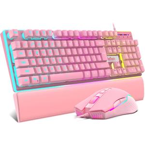 RedThunder K10 Wired Gaming Keyboard and Mouse and Wrist Rest Combo, RGB Backlit, Mechanical Feel Anti-ghosting Keyboard + 7D 7200 DPI Mice+Soft Leather Wrist Rest 3 in 1 PC Gamer Accessories (Pink)