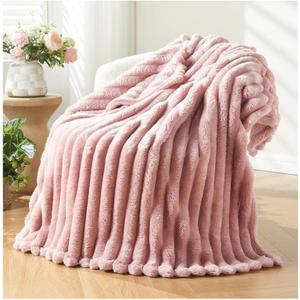 NEWCOSPLAY Super Soft Throw Blanket Pink Premium Silky Flannel Fleece 3D Ribbed Jacquard Lightweight Bed Blanket All Season Use (Pink Ribbed, Throw(50"x60"))