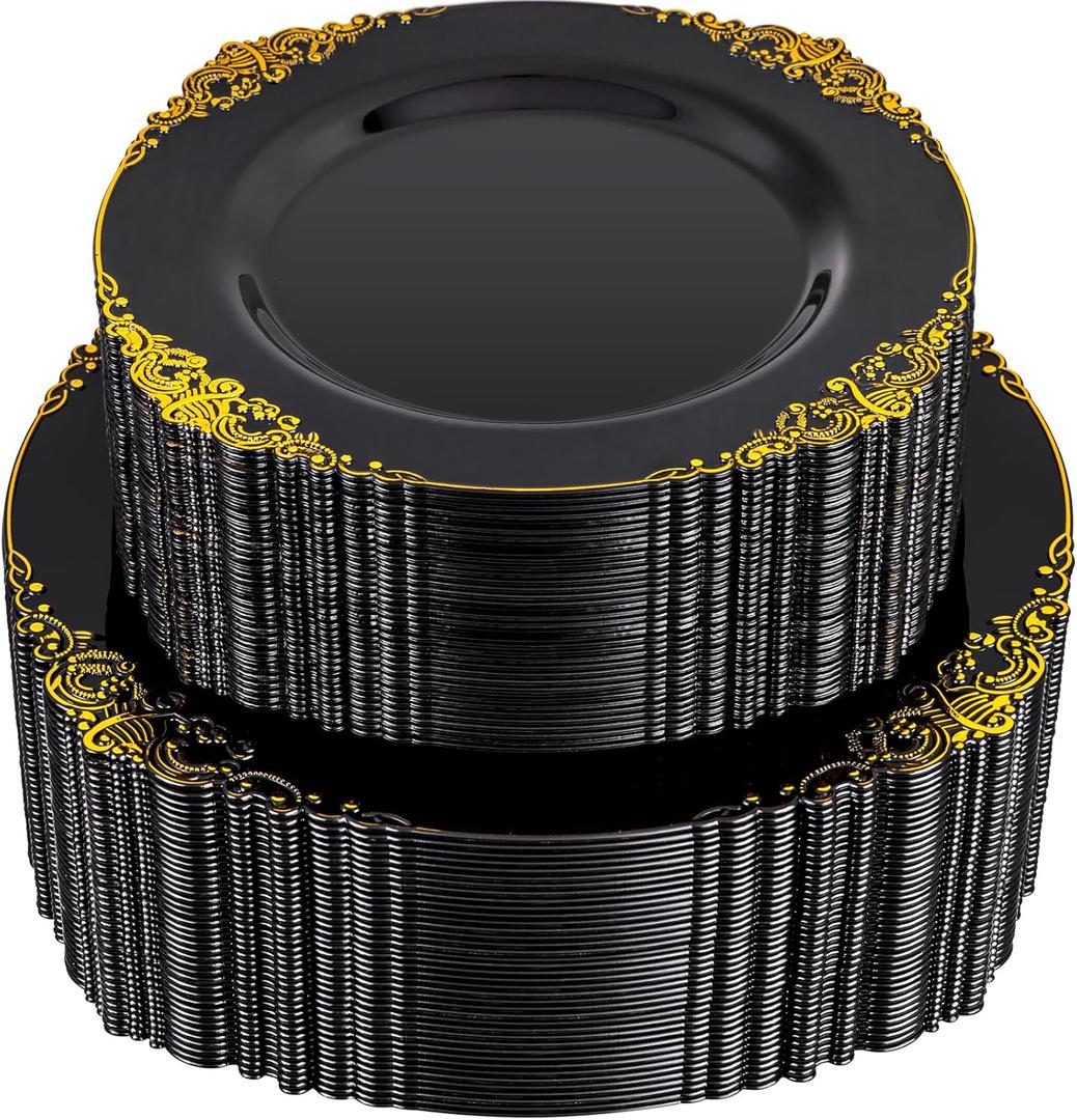 Joyido 102PCS Black and Gold Plastic Plates  Black Disposable Plates  Heavyweight Disposable Plate with Gold Rim  Fancy Dinner & Dessert Plate for 51 Guests Weddings & Party