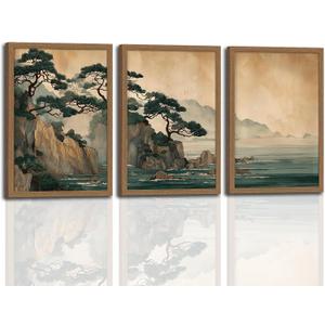 Japanese Zen Wall Art Set of 3 with Wooden Frame Cliff and Ocean Seascape Prints, Framed Japanese Landscape Painting, Minimalist Asian Wall Decor 16x24 Inch
