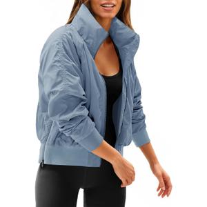 Fisoew Womens Windbreaker Crop Jackets Long Sleeve Zip Up Hidden Hooded Winter Bomber Jacket with Pockets (Small, Bluish Grey)