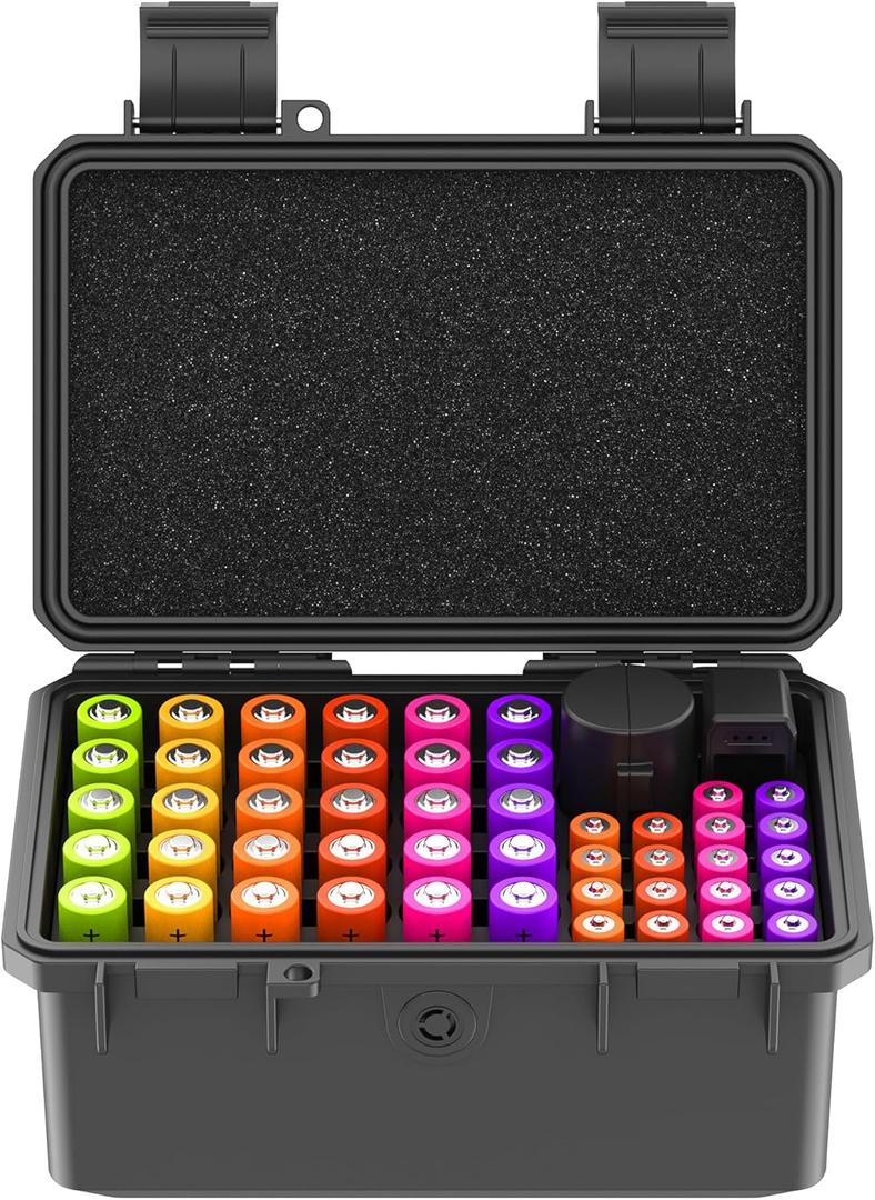 KIWIFOTOS 58 Slots AA AAA Battery Case Holder with Tester IP67 Waterproof Outdoor Household Batteries Storage Organizer Container with CR2032 Coin Cell Battery Holder