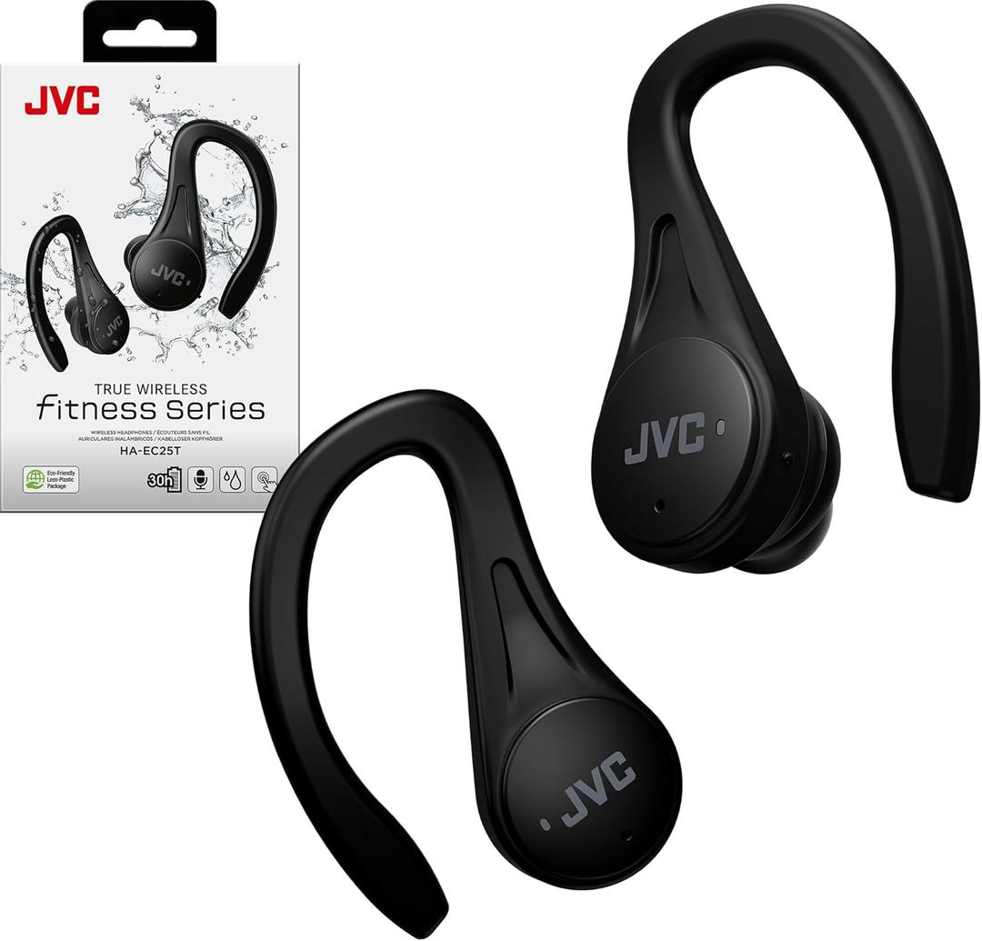 JVC Sport True Wireless Earbuds Headphones, Lightweight and Compact, Long Battery Life (up to 30 Hours), High Quality Sound with Neodymium Magnet Driver, Water Resistance (IPX5) - HAEC25TB (Black) (Small)