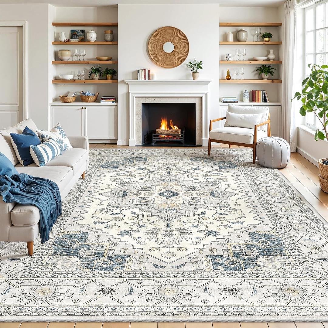 befbee Washable Area Rug 8x10, Area Rugs Stain Resistant Neutral Washable Rugs for Living Rooms Bedroom Vintage Non-Slip Thin Large Size Area Rug（BeigeBlue）