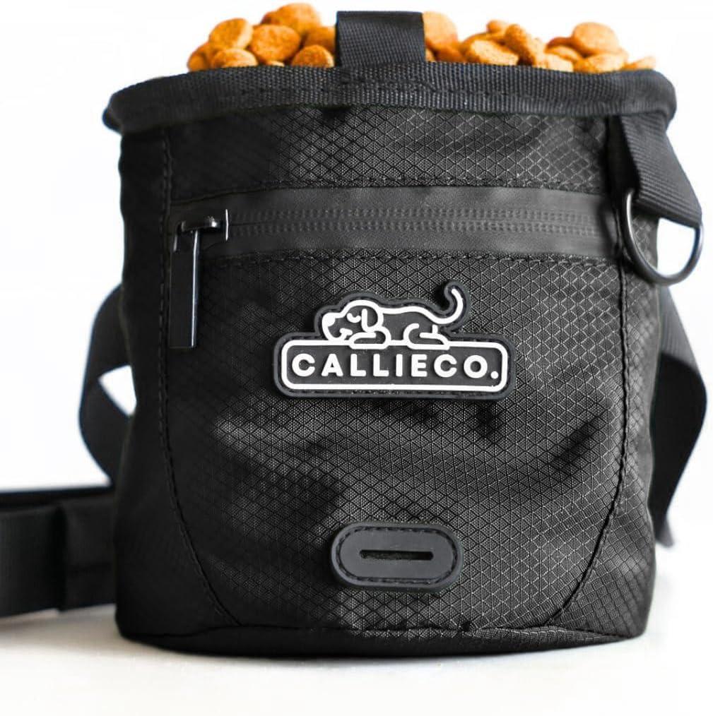 Callieco Mini Dog Treat Pouch with Magnetic & Zipper Closure | Small Waist Belt Training Behavior Aid Bag for Dog Walking with Poop Bag Dispenser (Black)