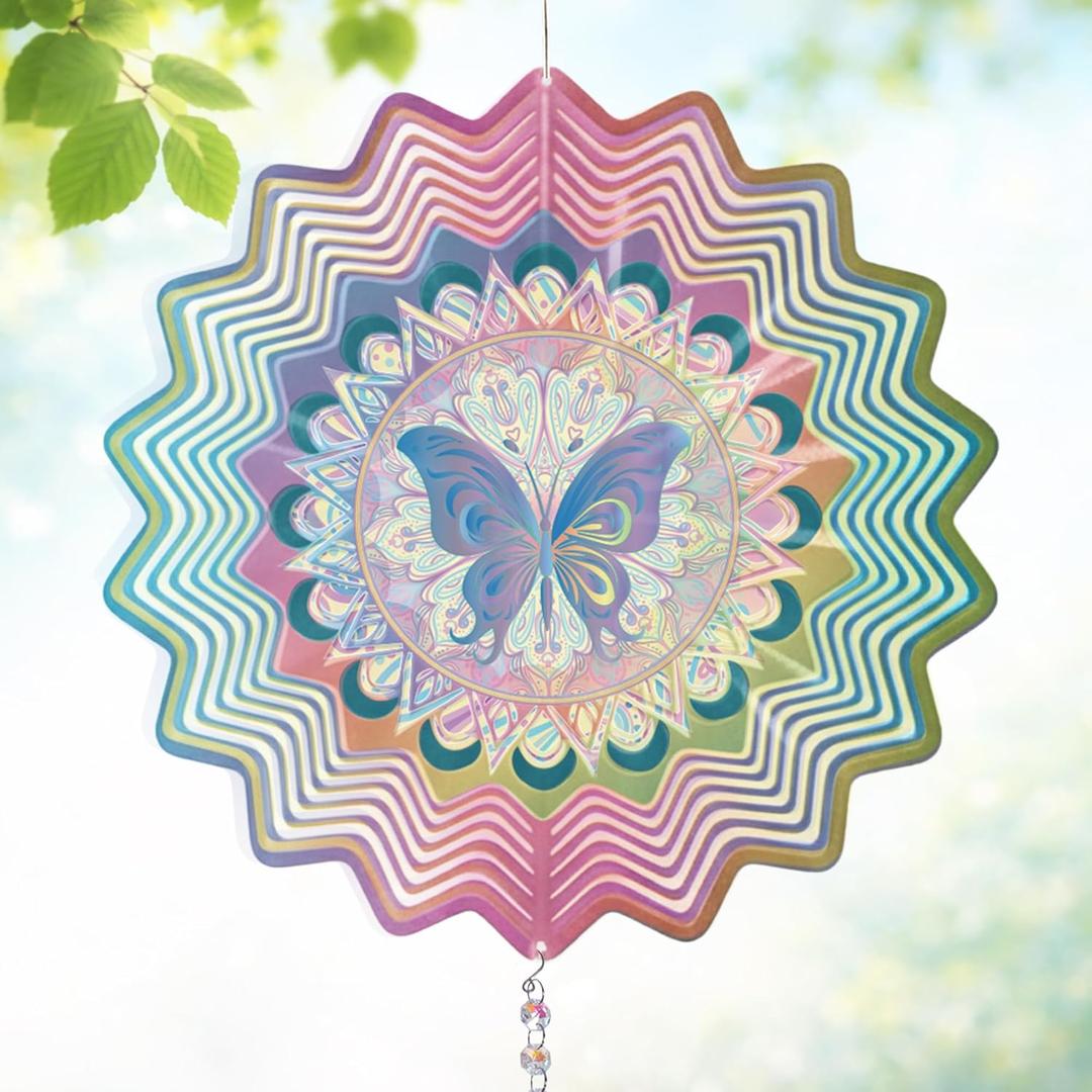 Hanging Wind Spinner 12 Inch, Butterfly 3D Stainless Steel Wind Spinner with Tail for Outdoor Garden Yard Patio Decor, Gift for Butterfly Lovers