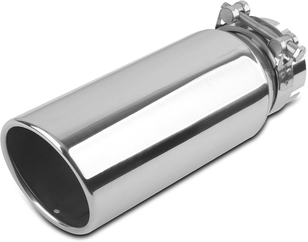 3 inch Inlet Exhaust Tip, 4" Outlet 12" Overall Length Stainless Steel Exhaust Tail Pipe, Clamp-On, Rolled Edge, Slant Sleek Angle Cut, Polished Tailpipe, Silvery