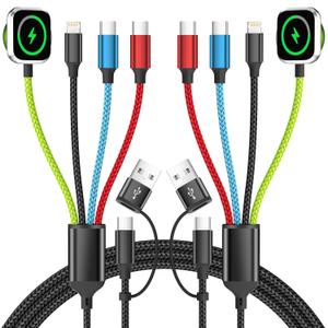 Travel Essentials Watch Charger, 4 in 2 Multi Charging Cable with Dual Type-C, USB A/C Travel Charger for Multiple Devices for iWatch Ultra/SE/11-2, iPhone 17-11, Galaxy S25-21, iPad (2PACK 5FT) (2Pack-Green_Black_Blue_Red)