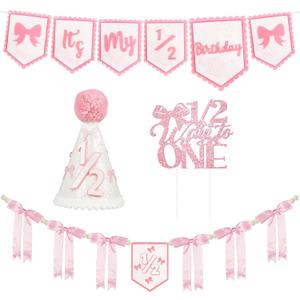 1/2 Birthday Girl Half Birthday Decorations Pink Bow It's My 1/2 Birth Banner Glitter Cake Topper Ribbon Bow Wood Bead High Chair Banner & Cone Hat 6 Months birthday Decorations Party Supplies (Pink)