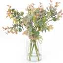 Artificial Eucalyptus Stems in Glass Vase with Faux Water,6Pcs Grey-Orange Fake Plant for Centerpiece (Grey-Orange Eucalyptus)