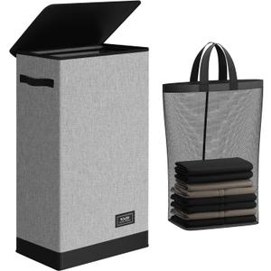SOLEDI Slim Laundry Hamper with Lid, Narrow Laundry Basket with Removable Bags, Dirty Clothes Hamper with handle, Small Hamper perfect for Laundry room, Bathroom, Bedroom, Small spaces. 70L Grey