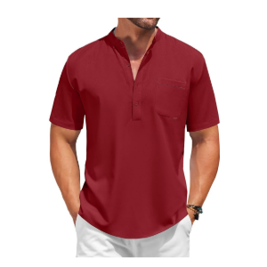 COOFANDY Men's Casual Henley Shirt Short Sleeve Summer Beach Band Collar Shirt Hippie Henley T-Shirts with Pocket, M