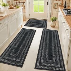 HEBE Washable Kitchen Rugs Sets of 3, Non Slip Absorbent Kitchen Rugs and Mats, Farmhouse Stain Resistant Faux Jute Kitchen Mat Carpet Runner for Kitchen Floor, Laundry Room, Hallway, Black/Grey