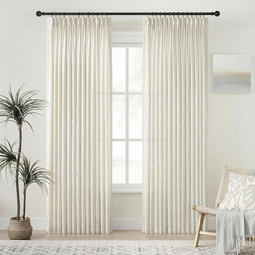 Pinch Pleated Curtain 84 Inch - 2 Panels Semi Sheer Linen Curtains with Hooks for Living Room Bedroom, Natural Textured Boho Window Treatment for Light Filtering, 40x84