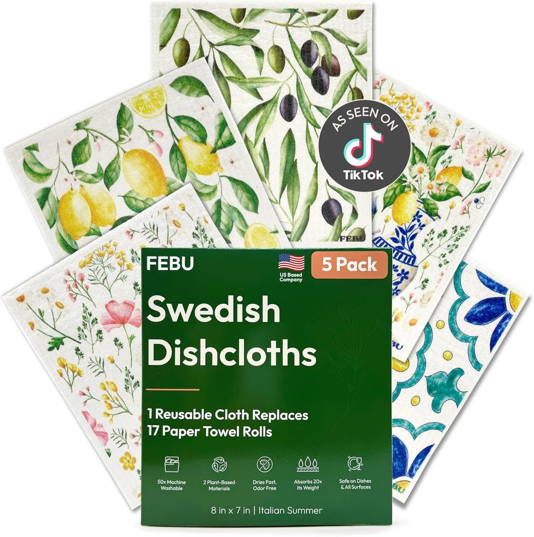 FEBU Swedish Dishcloths for Kitchen | 5 Pack Italian Summer Reusable Paper Towels Washable | Swedish Dish Towels | Non-Scratch Cellulose Sponge Cloths | No Odor, Biodegradable Cleaning Cloths