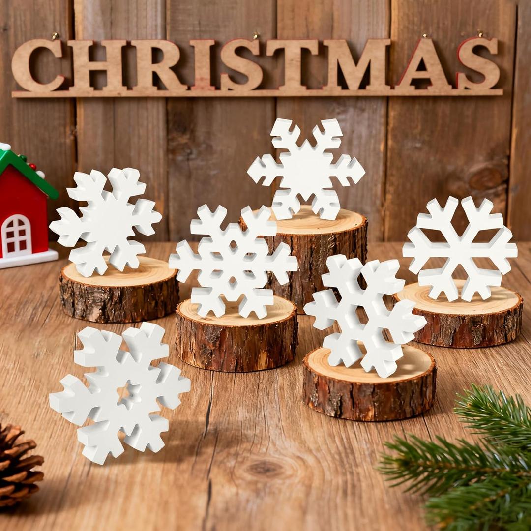 6Pcs Christmas Wooden Snowflake Decor Winter Snowflakes Table Signs Centerpieces Decorations Standing for Xmas Holiday Party Home Tabletop (White)