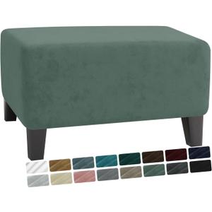 MAXIJIN Velvet Ottoman Cover Rectangular Stretch Square Ottoman Covers Slipcover Rectangle Washable Foot Stool Cover Thick Storage Protector with Elastic Bottom (Ottoman Small, Pea Green)