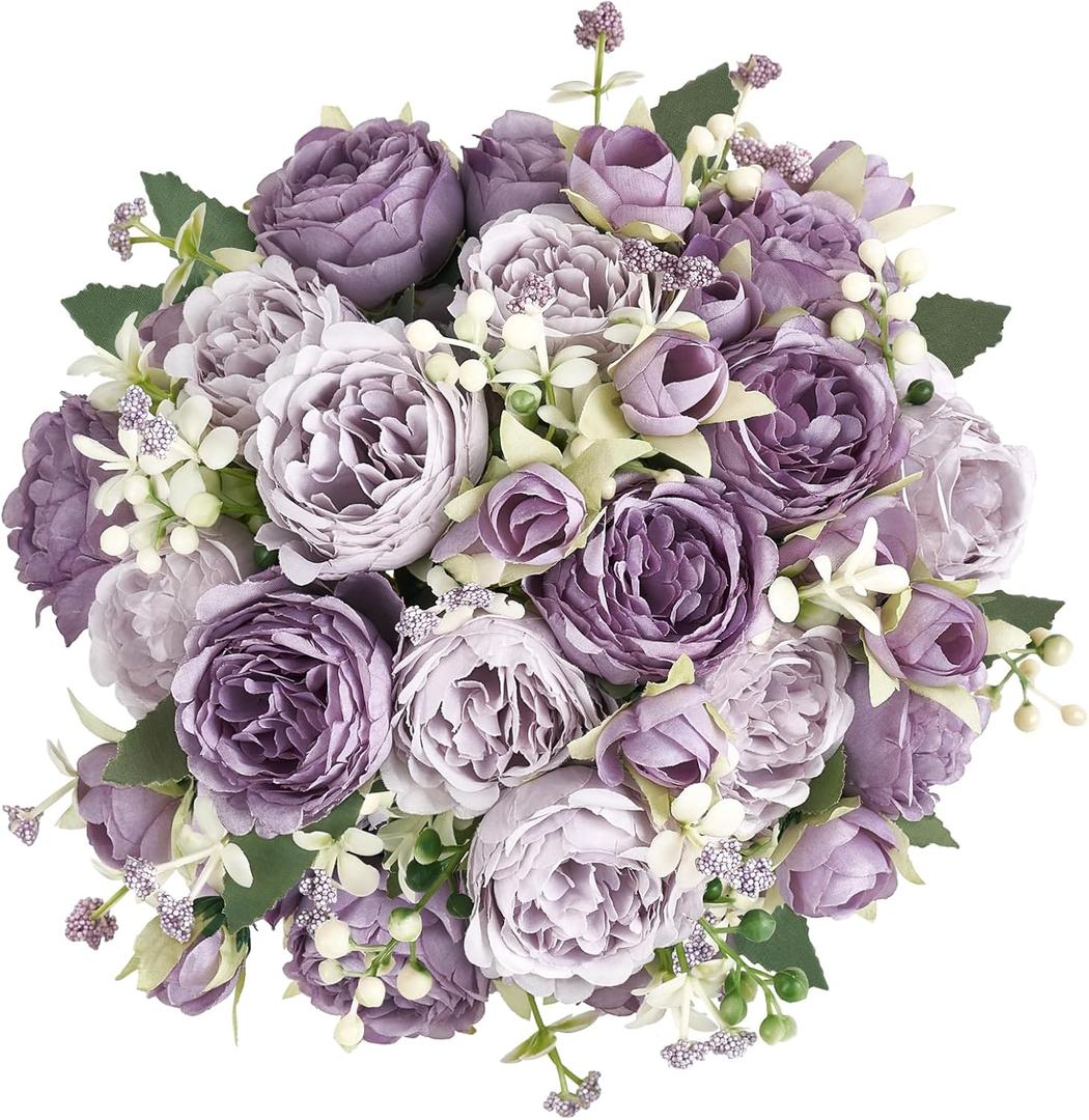 Mkono Peonies Artificial Flowers, Small Silk Flowers for Home Decor Indoor Fake Bouquet Faux Floral Arrangements Dining Table Centerpieces for Kitchen Party Decor Purple
