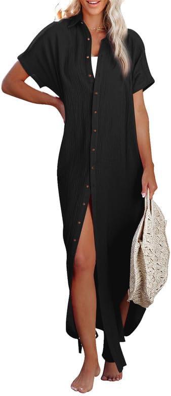Dokotoo Womens Casual Short Sleeve Side Split Button Down Long Kimonos Cardigans Swimsuit Cover Ups Summer Beach Dress (Black, XL)