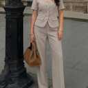 ZESICA Women's Summer Two Pieces Suits Set 2026 Short Sleeve Blazer Wide Leg Pants Business Casual Outfits Sets (Beige, M)
