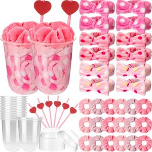 Tigeen 30 Pcs Galentine's Gifts Bulk Pink Valentine's Gifts Party Favors Supplies Include Headband Scrunchies Compact Powde Cup Heart Straw for Adult Slumber Spa Party Supplies (Bright Colors)