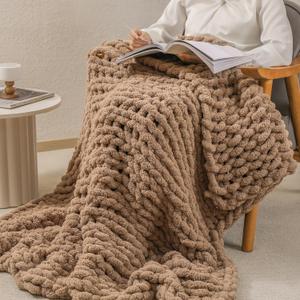 bearberry Chunky Knit Throw Blanket 60x80 Inches Handmade, Soft Jumbo Chenille Yarn with Cable Rope Knot Design | Thick Cozy Large Blanket for Couch, Sofa, Bed & Living Room Home Decor | Khaki