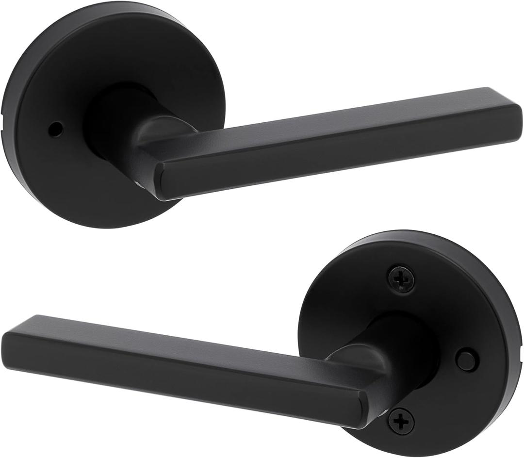 Kwikset Halifax Interior Privacy Door Handle with Lock, Round Lever for Bathroom and Bedroom, Matte Black Reversible Keyless Push Button Lock Door Lever, with Microban Protection (1 Pack)