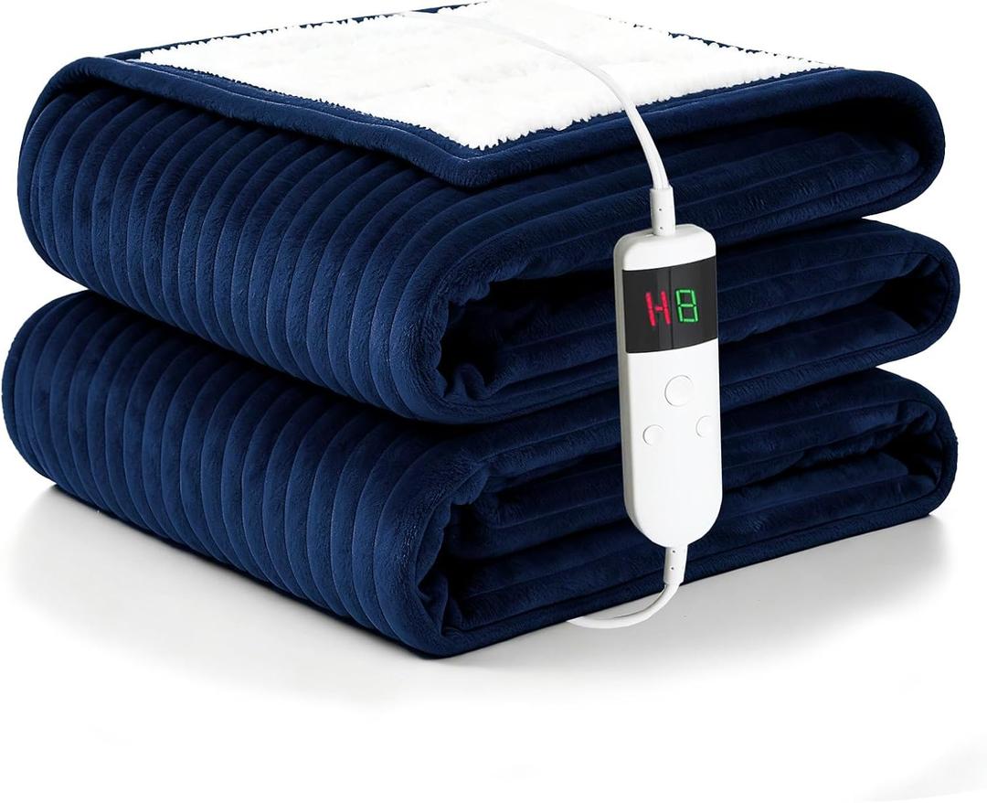 Heated Blanket Electric Throw, Soft Flannel Heating Blanket with 8 Hours Auto Off 10 Fast Heating Levels Machine Washable Sherpa Heated Blanket with Overheating Protection