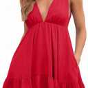 Febriajuce Womens Summer Mini Dress Loose Ruffle Deep V-Neck Backless Strap Solid Casual Short Dresses with Pockets (Small, Red)