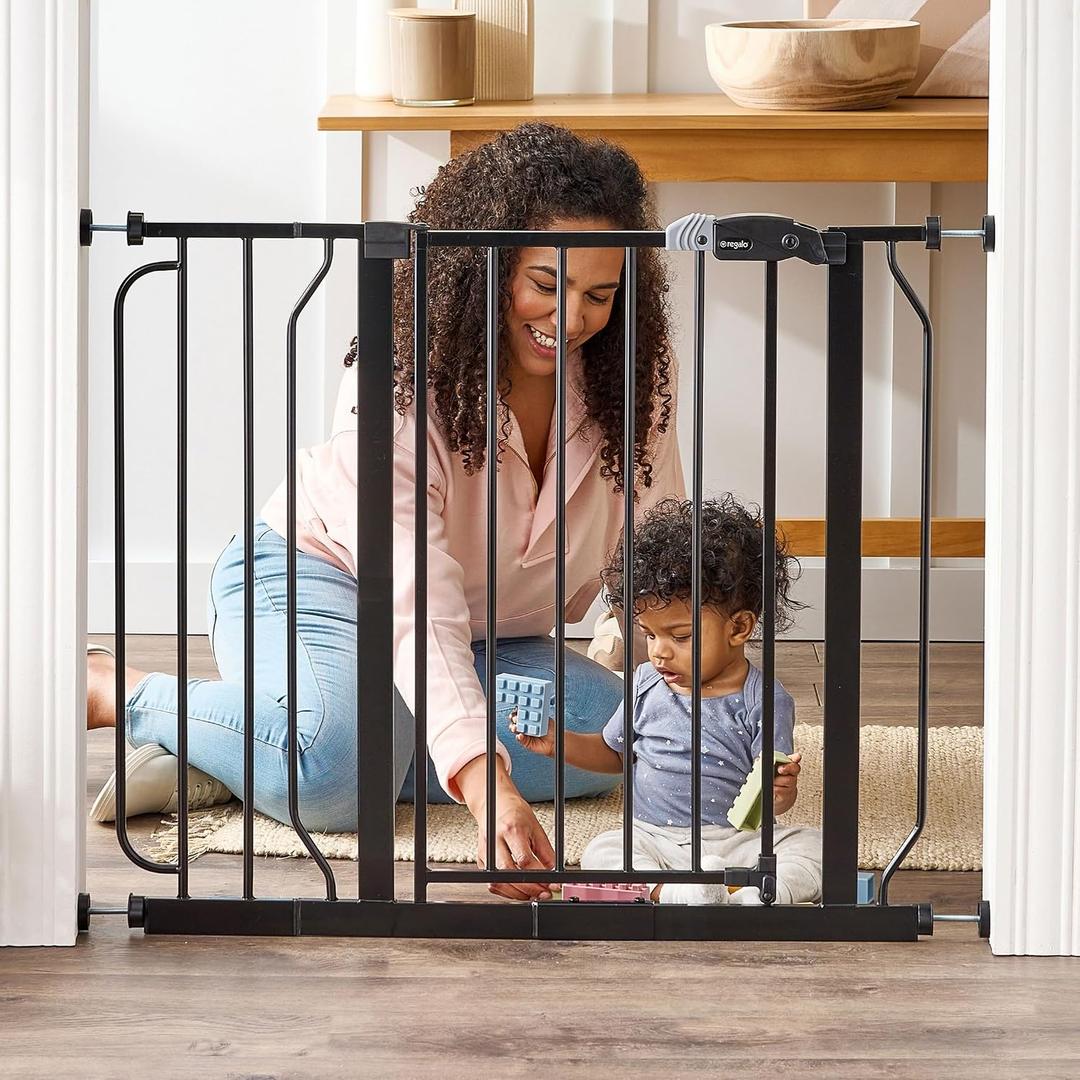 Regalo Safety 29-38.5" Baby Gate for Doorways & Bottom of Stairs, Pressure Mounted Baby Gate with Door for Babies, Toddlers & Pets, Tested & Safe for 30 Years, American Designed, American Owned, Black