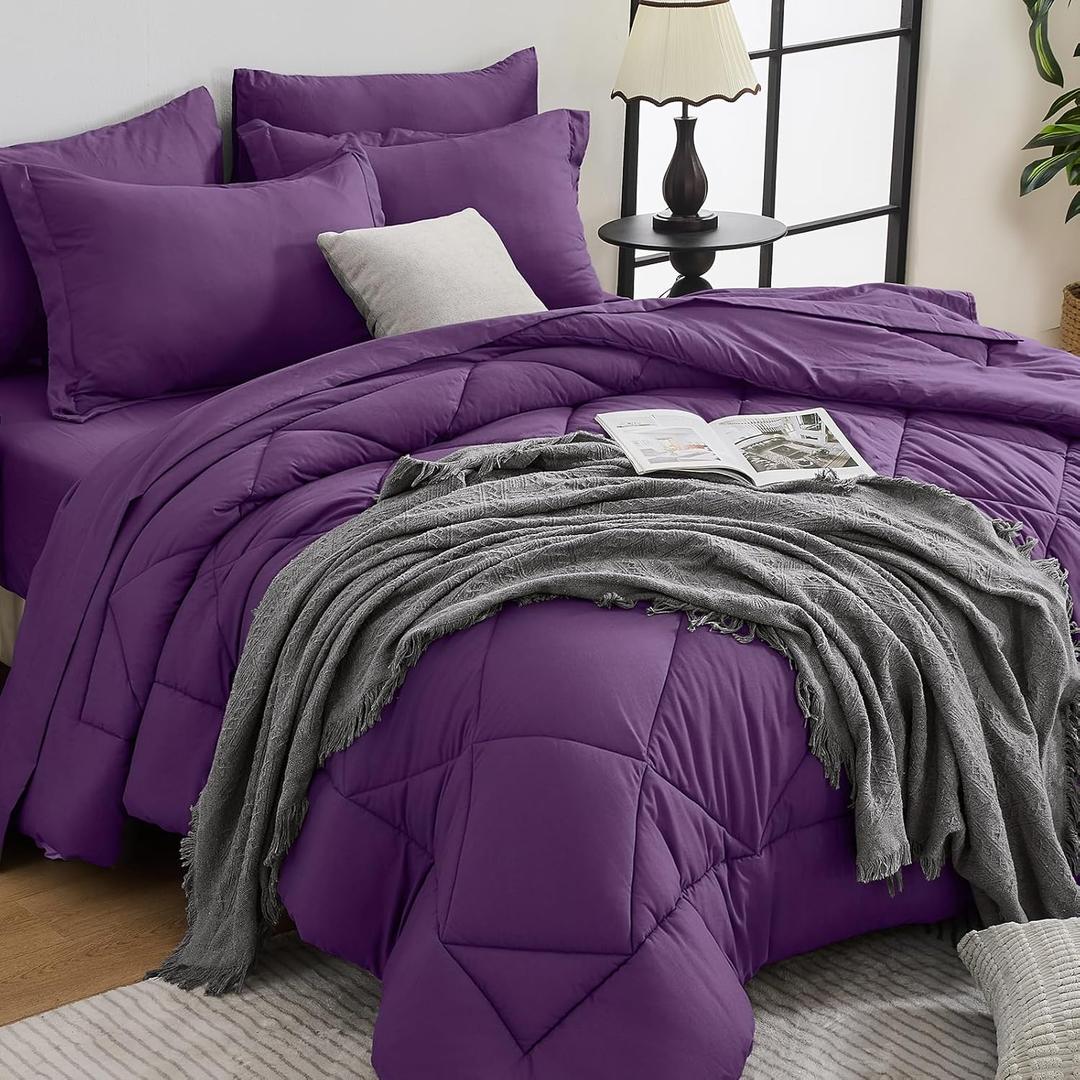 HEVUMYI Grape Purple Queen Comforter Set - 7-Piece All Season Bed in a Bag Queen, Ultra Soft Bedding Set with Comforter, Flat Sheet, Fitted Sheet, Pillowcases, Pillow Shams