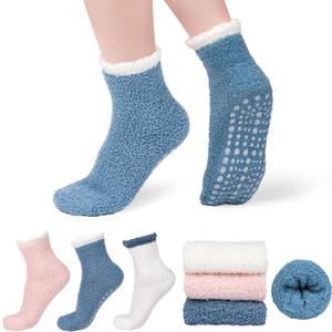 Fuzzy Socks with Grips for Women, Warm Plush Slipper Soft Socks for Winter Indoor Comfort, Cozy Gift (Pink & White & Blue)