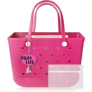 X-Large Beach Rubber Tote Bag with Accessories Charms and Insert Waterproof Pouch, Women Multipurpose Lightweight Washable Original Handbag for Outdoor Activities, Modern Travel Sports