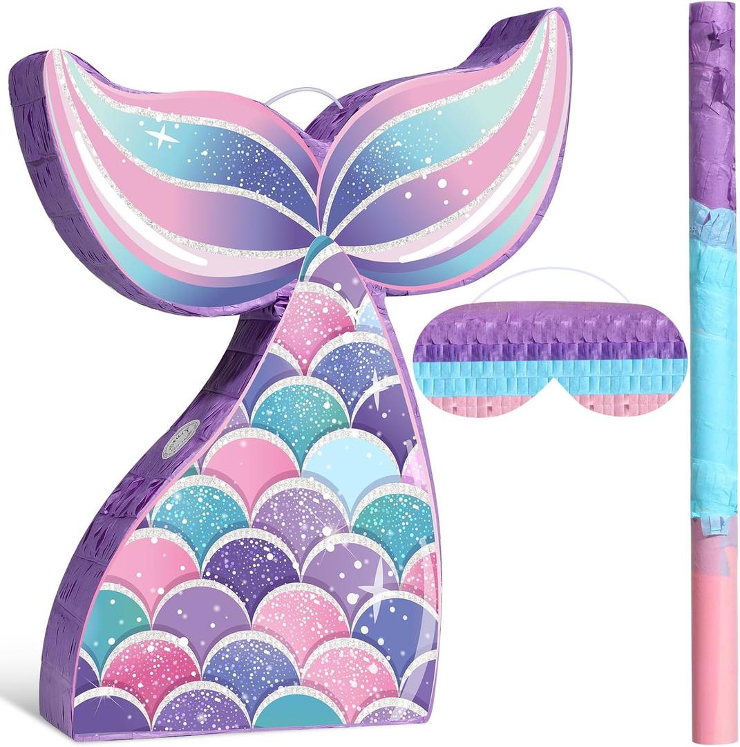 Faccito Mermaid Piata Party Supplies Mermaid Tail Piata Bundle with Blindfold Bat for Girls Under the Sea Ocean Theme Birthday Party Decorations, 16.14'' x 12.40'' x 2.95''