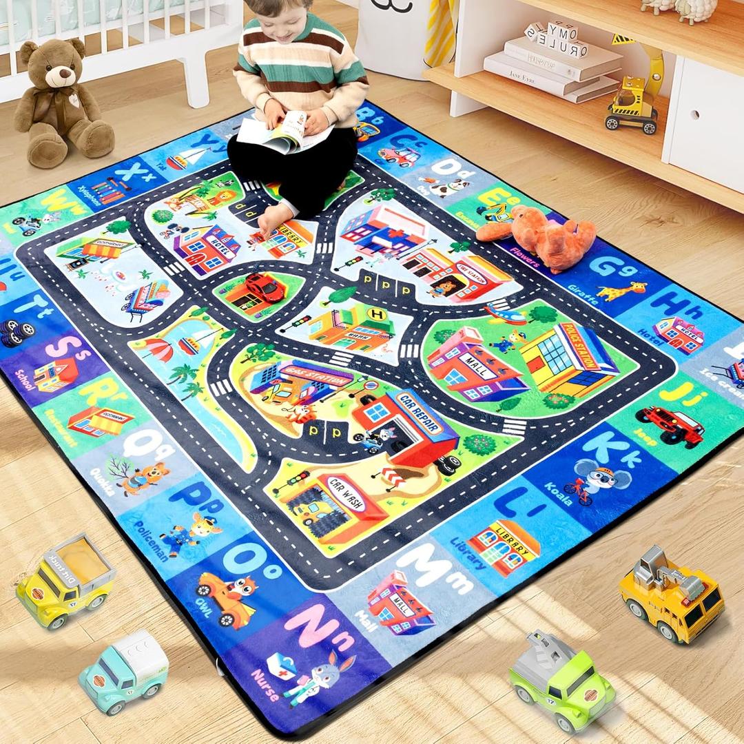 ABC Rug for Kids Playroom, Alphabet Rug 3x5 Feet, Washable Play Mat Non-Slip ABC Mat Classroom Carpet Car Rugs for Kids Learning Letters Animals Shapes for Play Room Decor (Race Track)