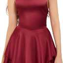 Women Sexy Backless Short Romper Satin Dress Cowl Neck Tie Ruffle Layer Spaghetti Strap Jumpsuit Mini Dress (Small, Red)