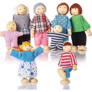 Wooden Doll House People of 8 Figures, Dolls Family Set for Girls Toddler Kids Dollhouse Accessories Toy