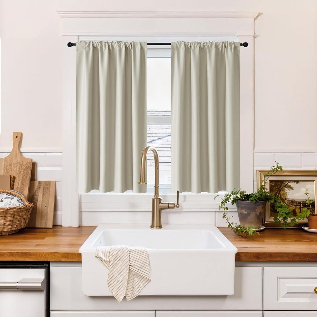 RYB HOME 100% Blackout Short Curtains for Small Window, Thermal Insulated Total Room Darkening Noise Reducing Curtains for Basement Bathroom Basement, 29 inches Wide by 45 inches Long, Natural