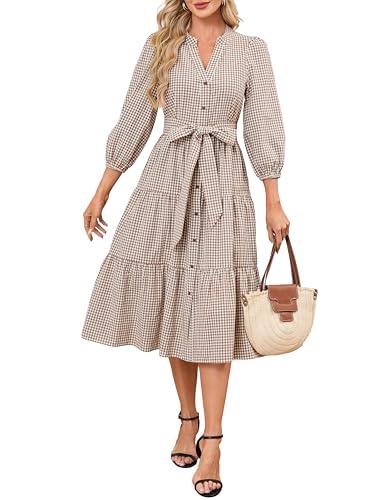 YEXPINE Women's Gingham Maxi Dress Puff Sleeve V-Neck Button Down Flowy Tiered Belted Dress Brown, Small